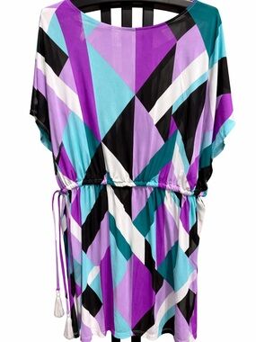 Torrid Geometric Print Tie-Waist Beach Cover Up — Purple, Teal & Black
